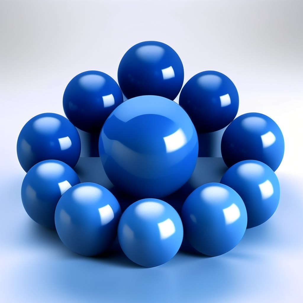 nine smooth blue spheres arranged in a 3x3 grid, floating above a flawless white square plane