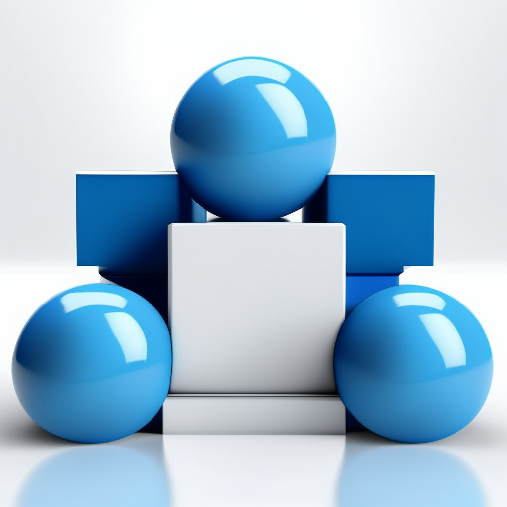 three blue balls sitting symmetrically on top of white cubes