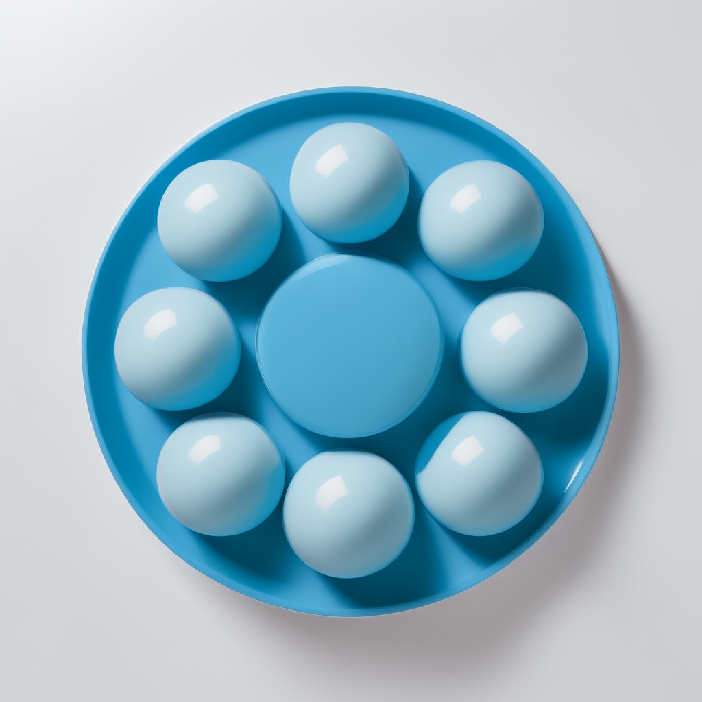 six blue balls arranged in a circle on a flat white disk