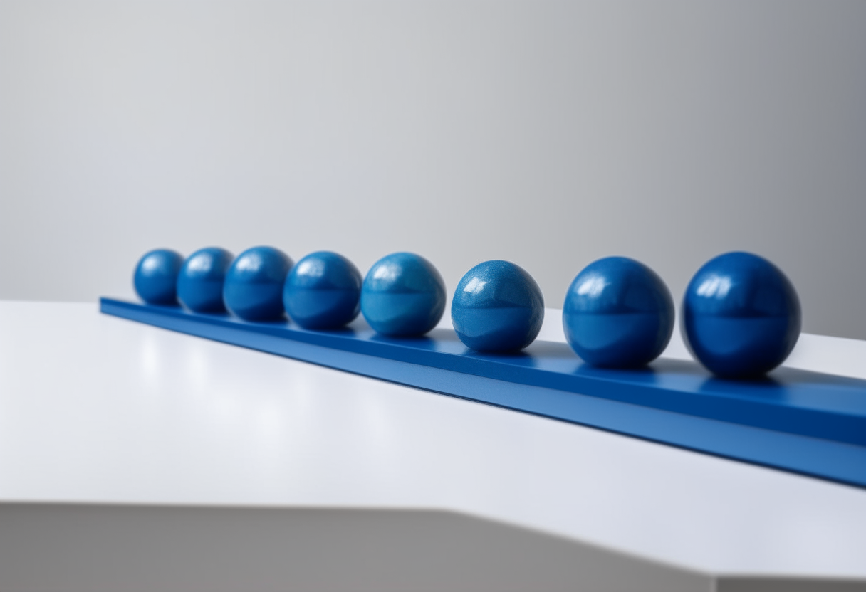 a row of five blue balls perched on a long white bar