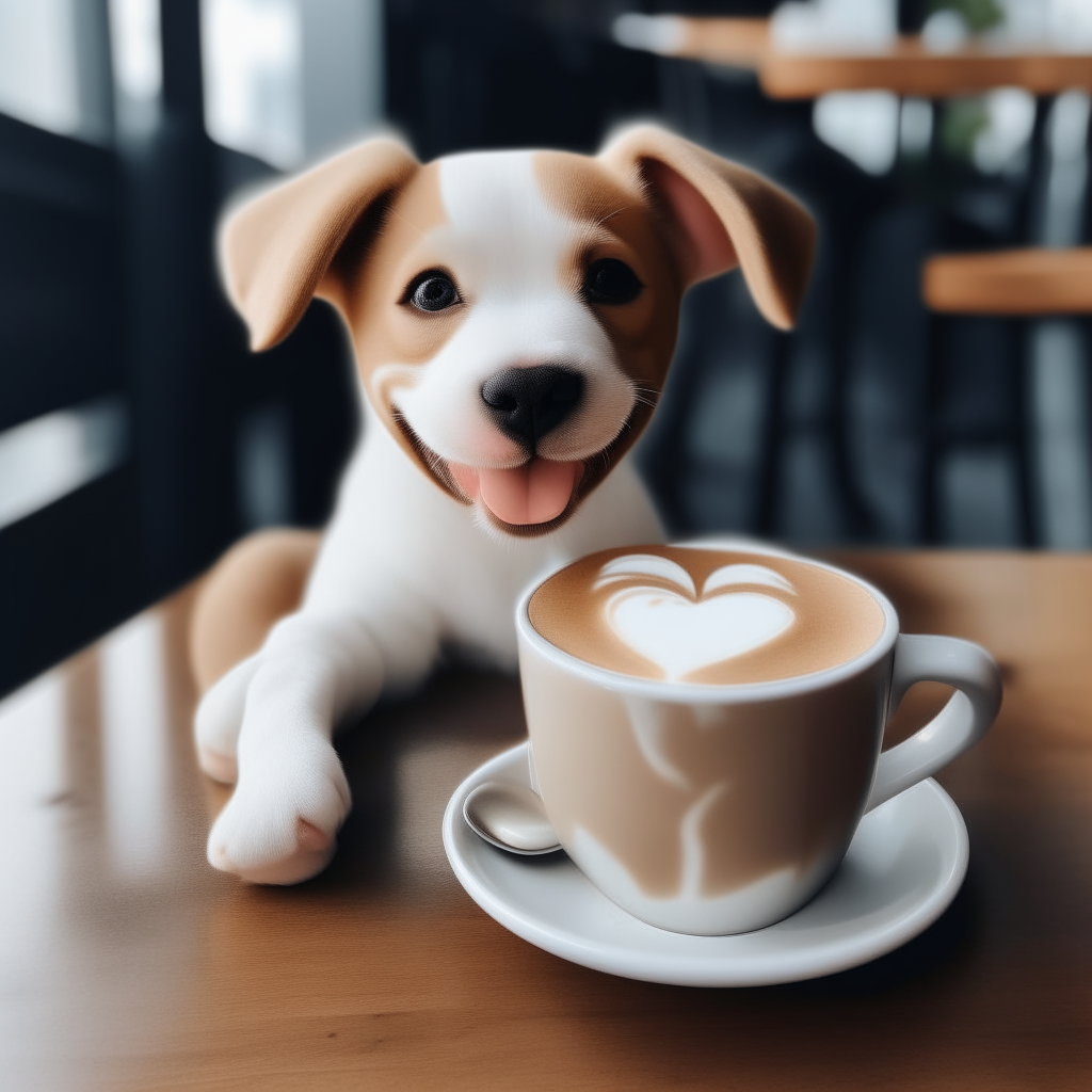 a happy puppy drinking a latte with heart-shaped foam art in a cup on a table