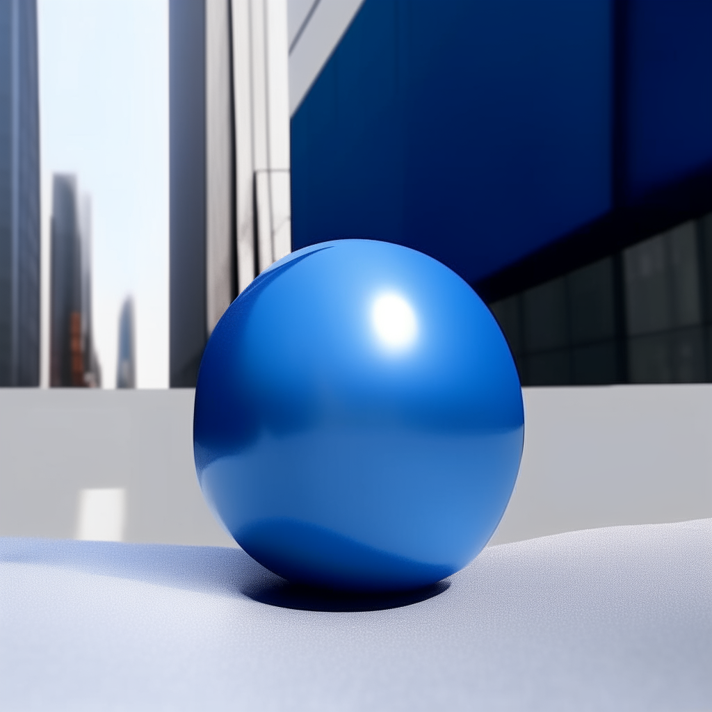 the blue ball from image 2 sitting on a sidewalk among tall skyscrapers