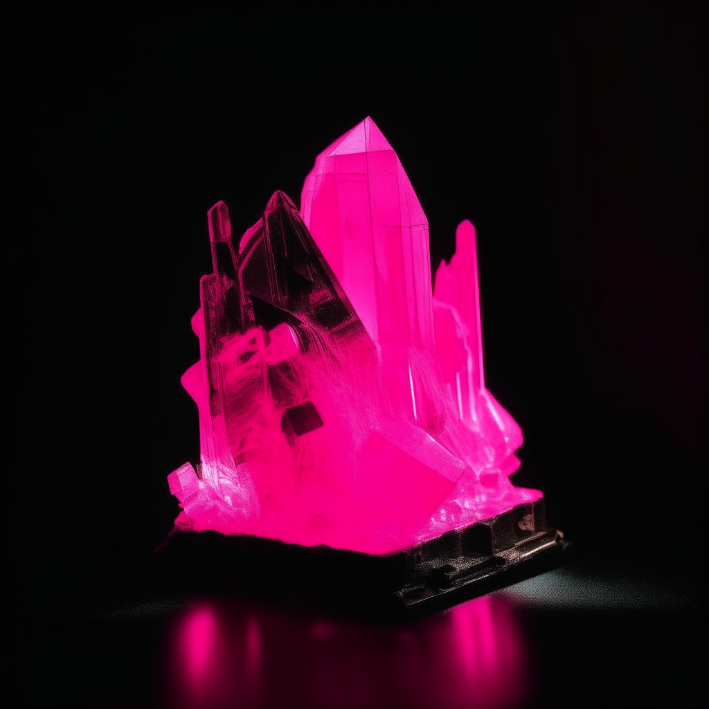 A neon pink crystal palace, glowing with an inner light, seen against a black background