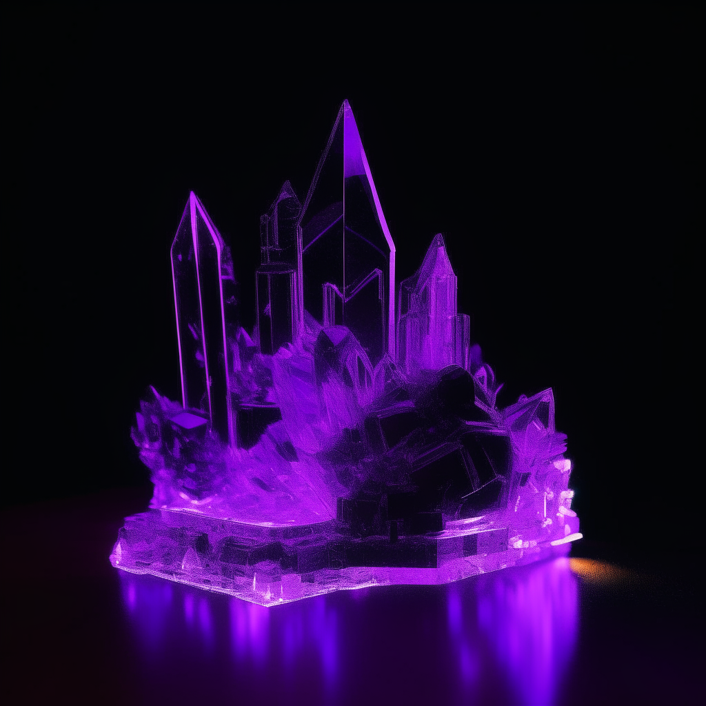 A neon purple crystal palace, glowing with an inner light, seen against a black background