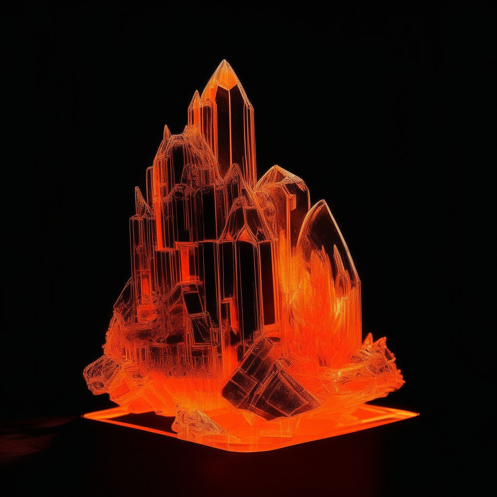 A neon orange crystal palace, glowing with an inner light, seen against a black background