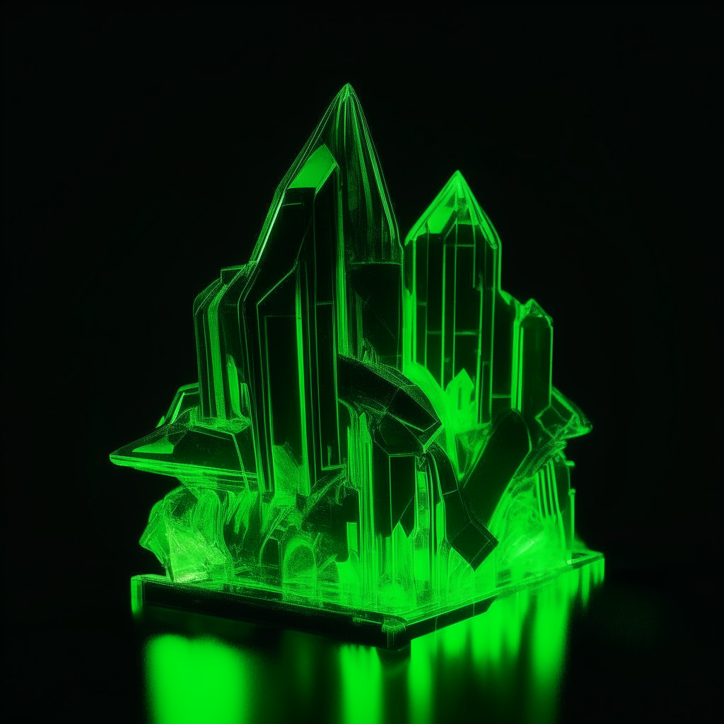 A neon green crystal palace, glowing with an inner light, seen against a black background