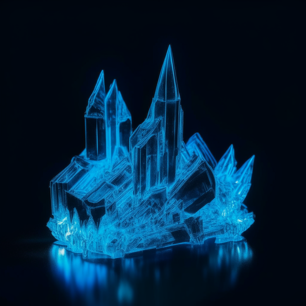 A neon blue crystal palace, glowing with an inner light, seen against a black background