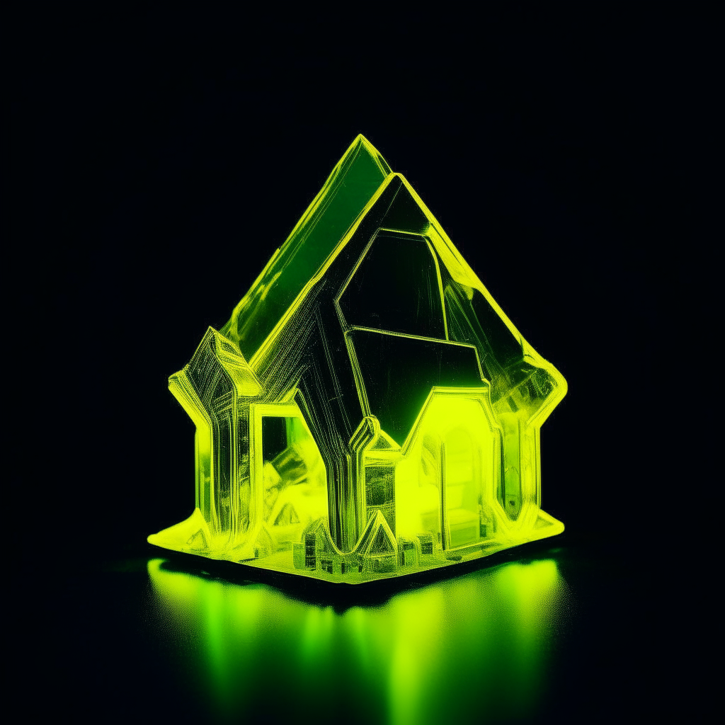 A neon yellow crystal palace, glowing with an inner light, seen against a black background