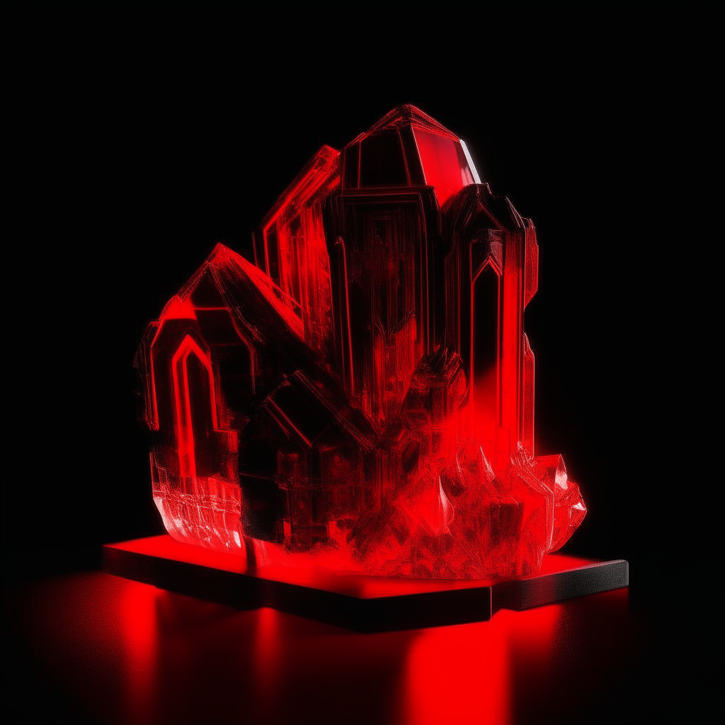 A neon red crystal palace, glowing with an inner light, seen against a black background