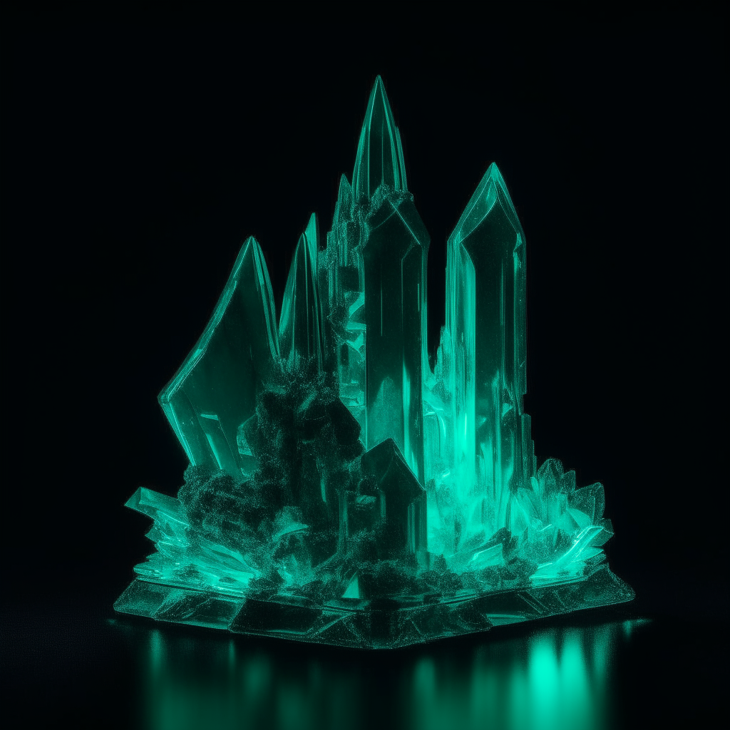 A neon teal crystal palace, glowing with an inner light, seen against a black background