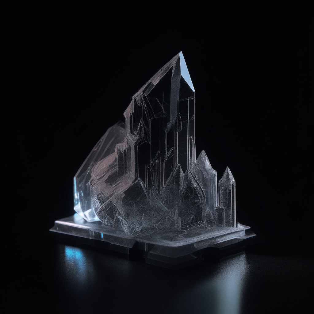 A neon gray crystal palace, glowing with an inner light, seen against a black background