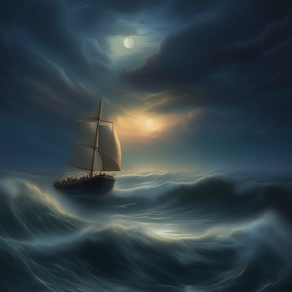 A real photographic landscape painting with incomparable realism, an ominous sky, a sailing boat on huge waves beneath a starry night, illuminated by volumetric lighting and set in a clearing