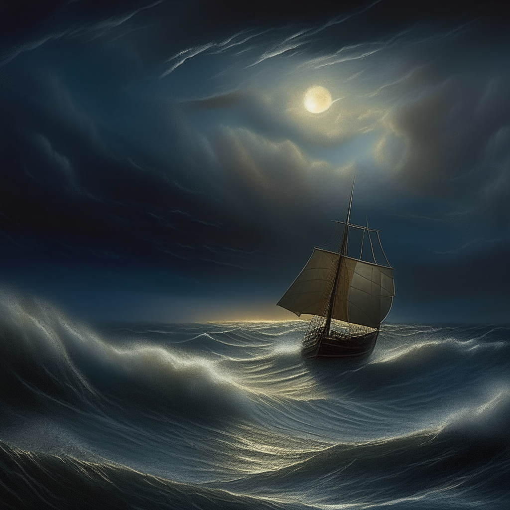 Another real photographic landscape painting with incomparable realism, an ominous sky, a sailing boat on huge waves beneath a starry night, illuminated by volumetric lighting and set in a clearing