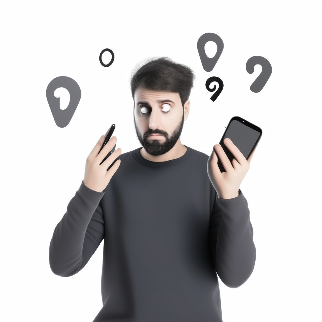 a person using a smartphone with a blank expression, surrounded by gray question marks on a white background