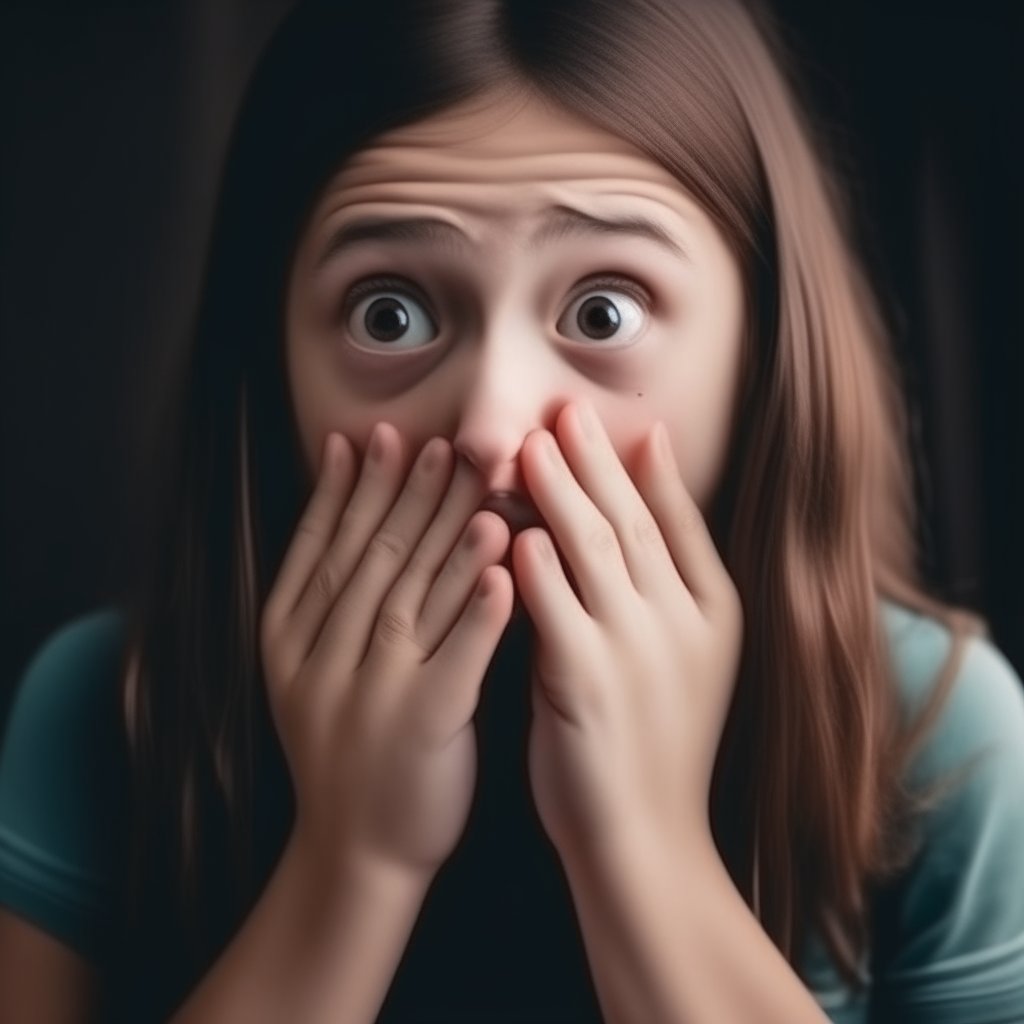 close-up portrait of a girl covering her mouth with her hands, scared of spreading or catching a virus