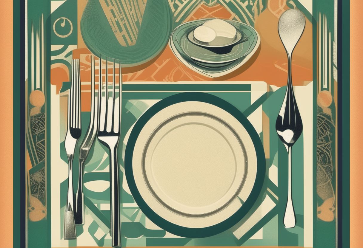 1920s art deco style cookbook cover with geometric shapes, silverware, plates, napkins, tables