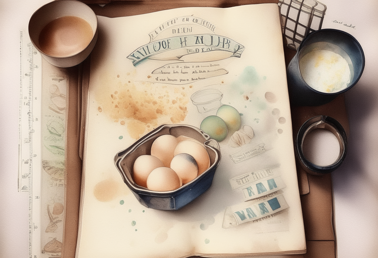 Vintage 1910s cookbook cover with flour, eggs, milk, butter, cast iron pan, handwritten font, watercolor style