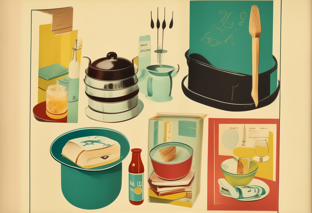 Mid-century modern 1950s cookbook cover with oven mitts, mixing bowls, kitchen appliances, sans serif font