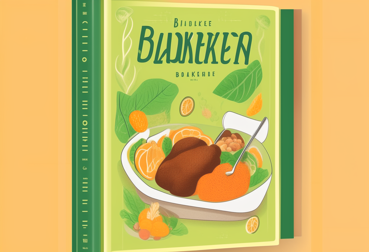 1970s style cookbook cover with avocado green background, baked chicken, vegetables, script font