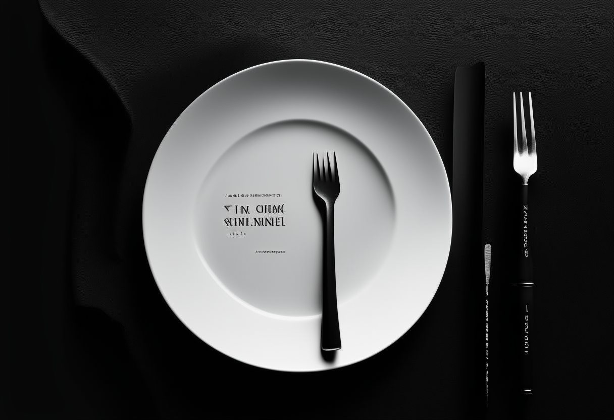 1990s minimalist cookbook cover with black background, white plate, fork, knife, sans serif font