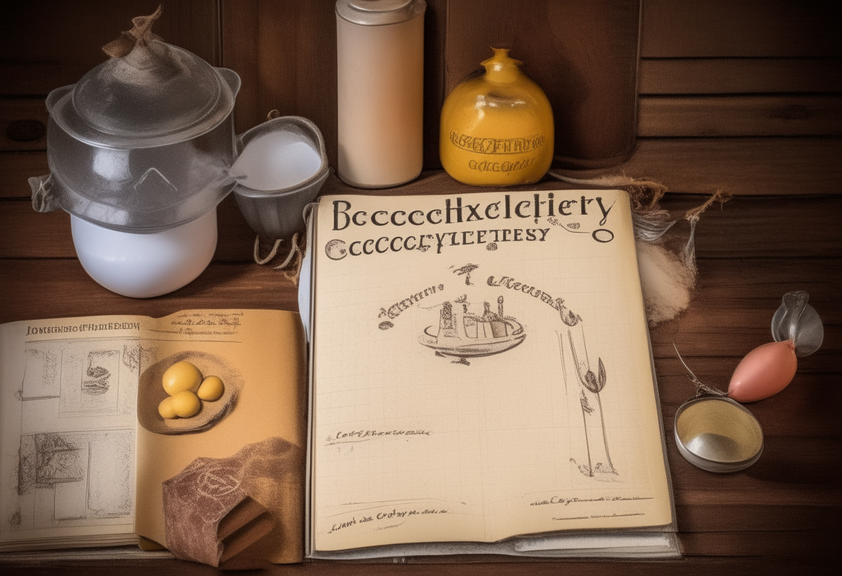 An antique cookbook cover titled '20th Century Recipes' with a handwritten font, flour, eggs, butter, mixing bowls, measuring cups, on a wooden table background, 8.5 x 11 inches