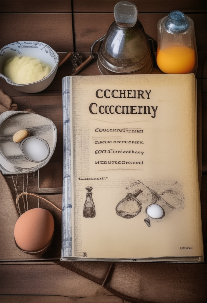 An antique cookbook cover titled '20th Century Recipes' with a handwritten font, flour, eggs, butter, mixing bowls, measuring cups, on a wooden table background, 11 x 8.5 inches