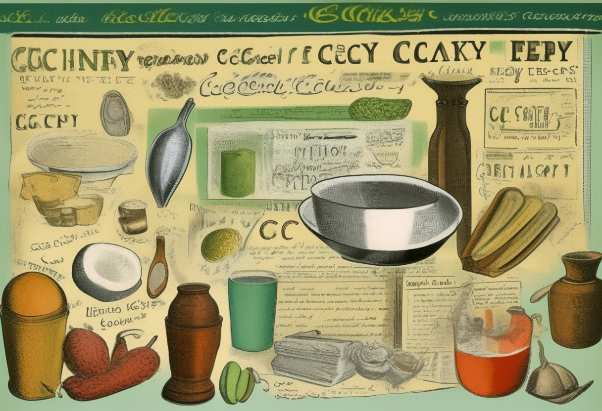 A vintage collage poster with handwritten text saying '20th Century Recipes', with images of flour, eggs, butter, mixing bowls, measuring cups, cast iron pans, silverware, plates, napkins, tables, oven mitts, mixing bowls, kitchen appliances, baked chicken, vegetables, avocado green background, fork, knife, plate, wooden table background