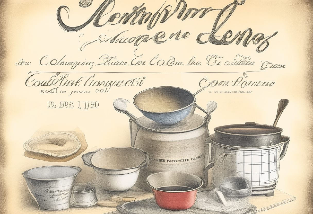 A vintage style poster with the title 'Old Fashioned Cooking in the 20th Century' in a handwritten font, with images of cast iron pans, butter, flour, mixing bowls, wooden spoons, kitchen appliances from the 1900s-1990s