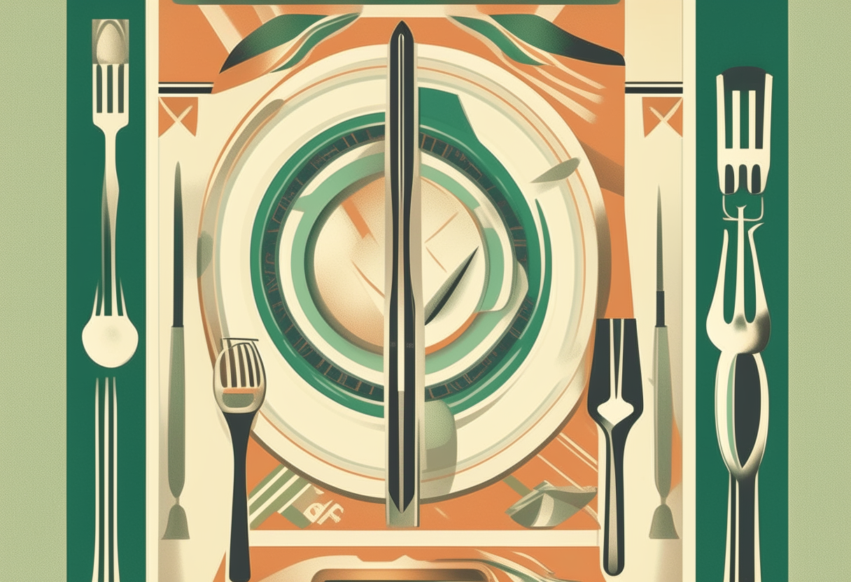 An art deco style vintage cookbook cover with geometric shapes, silverware, plates, napkins, tables, 8.5 x 11 inches