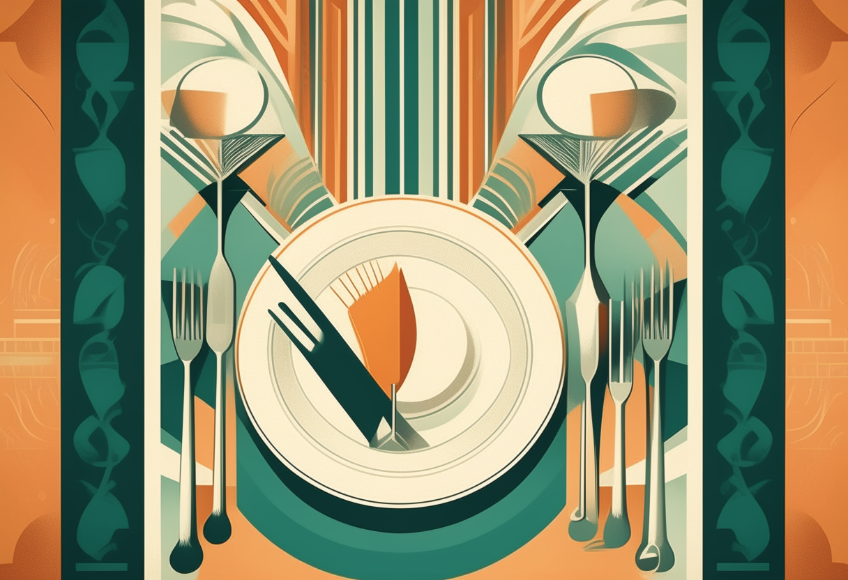 An art deco style vintage cookbook cover with geometric shapes, silverware, plates, napkins, tables in 2D illustration style