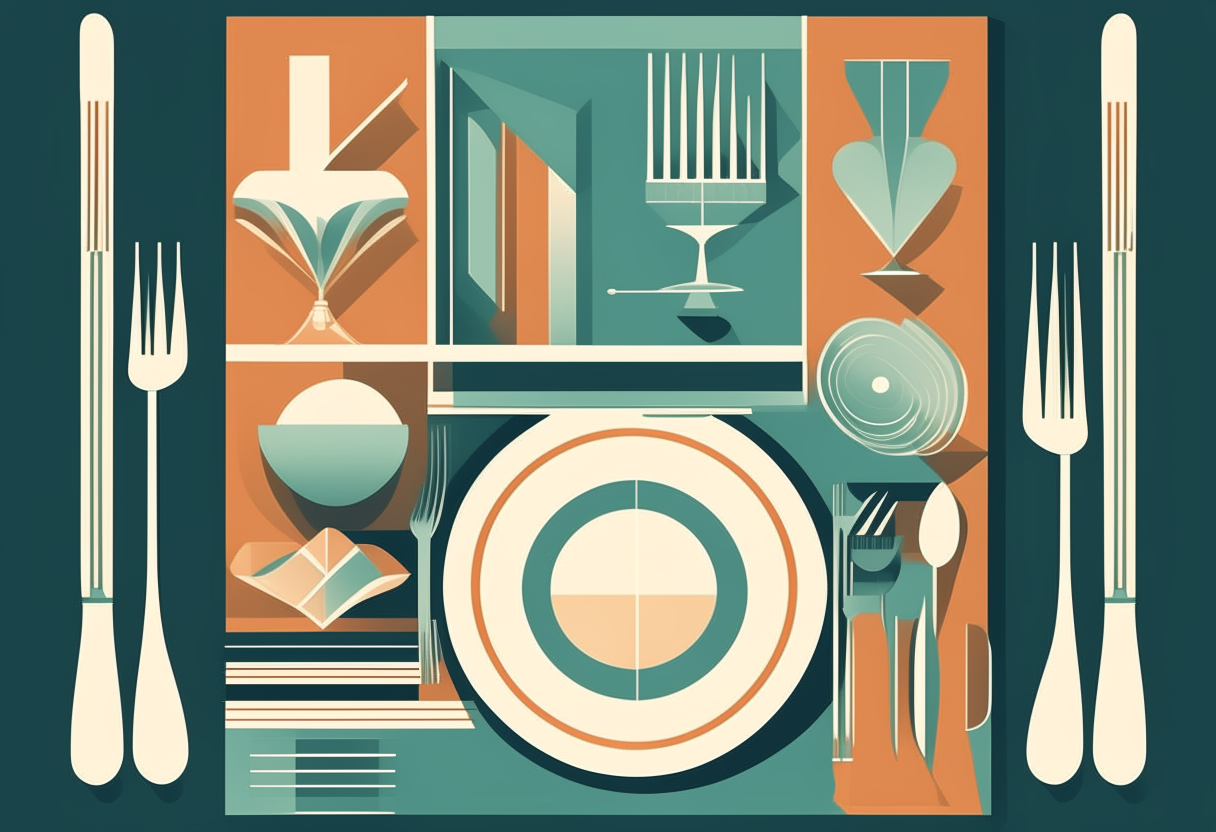 A flat 2D illustration of an art deco style vintage cookbook cover with geometric shapes, silverware, plates, napkins, tables in simple vector style