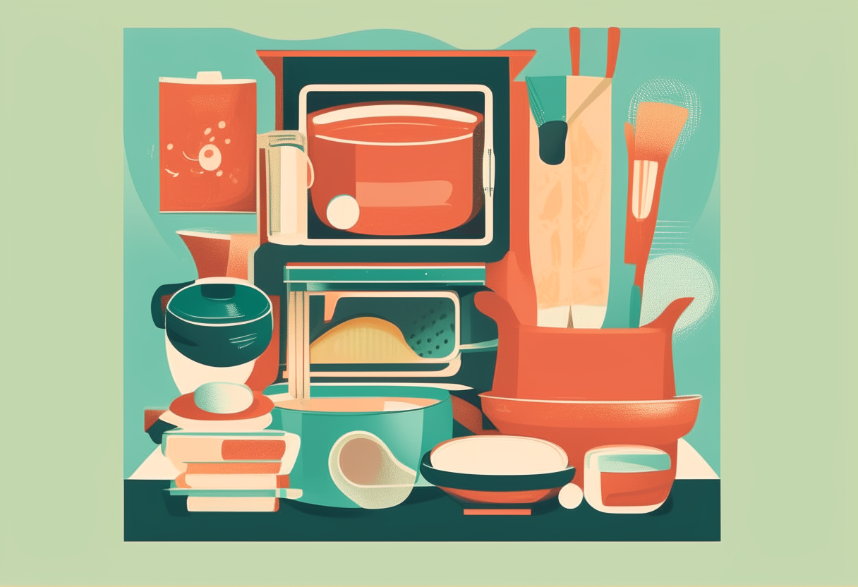 A flat 2D illustration of a mid-century modern style cookbook cover with oven mitts, mixing bowls, kitchen appliances and clean sans-serif font