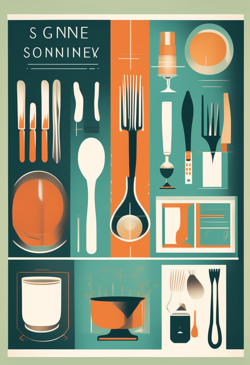 A mid-century modern style cookbook cover with oven mitts, mixing bowls, kitchen appliances and clean sans-serif font, now in a vertical 11 x 8.5 inch layout