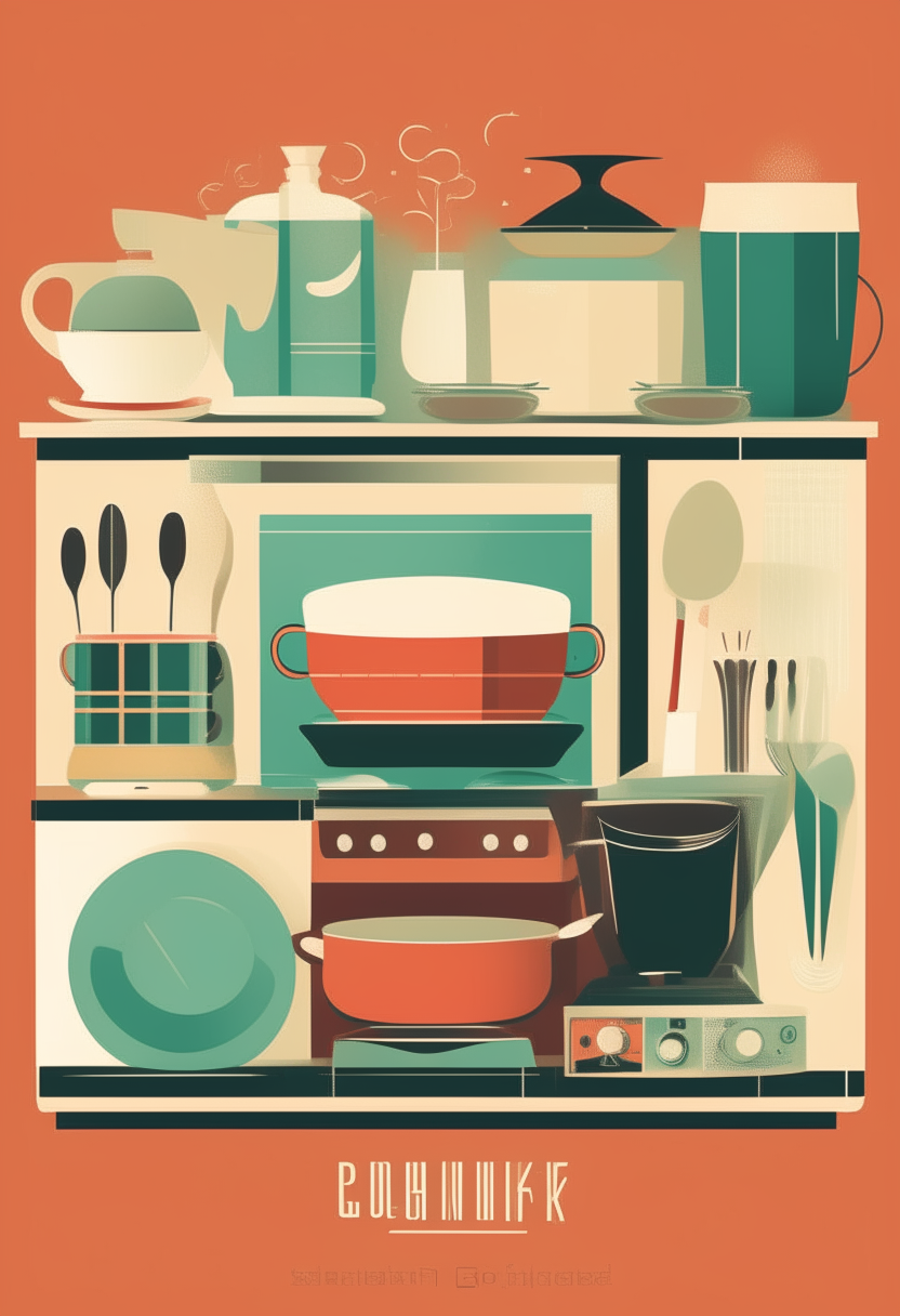 A flat 2D mid-century modern style illustration of a cookbook cover with oven mitts, mixing bowls, kitchen appliances and clean sans-serif font in an 11 by 8.5 inch vertical layout