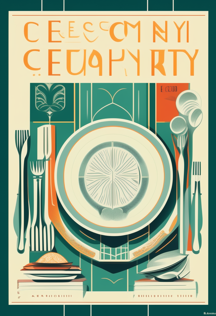 An art deco style vintage cookbook cover titled 20th Century Recipes with geometric shapes, silverware, plates, napkins, tables in 2D illustration style, 11 x 8.5 inches