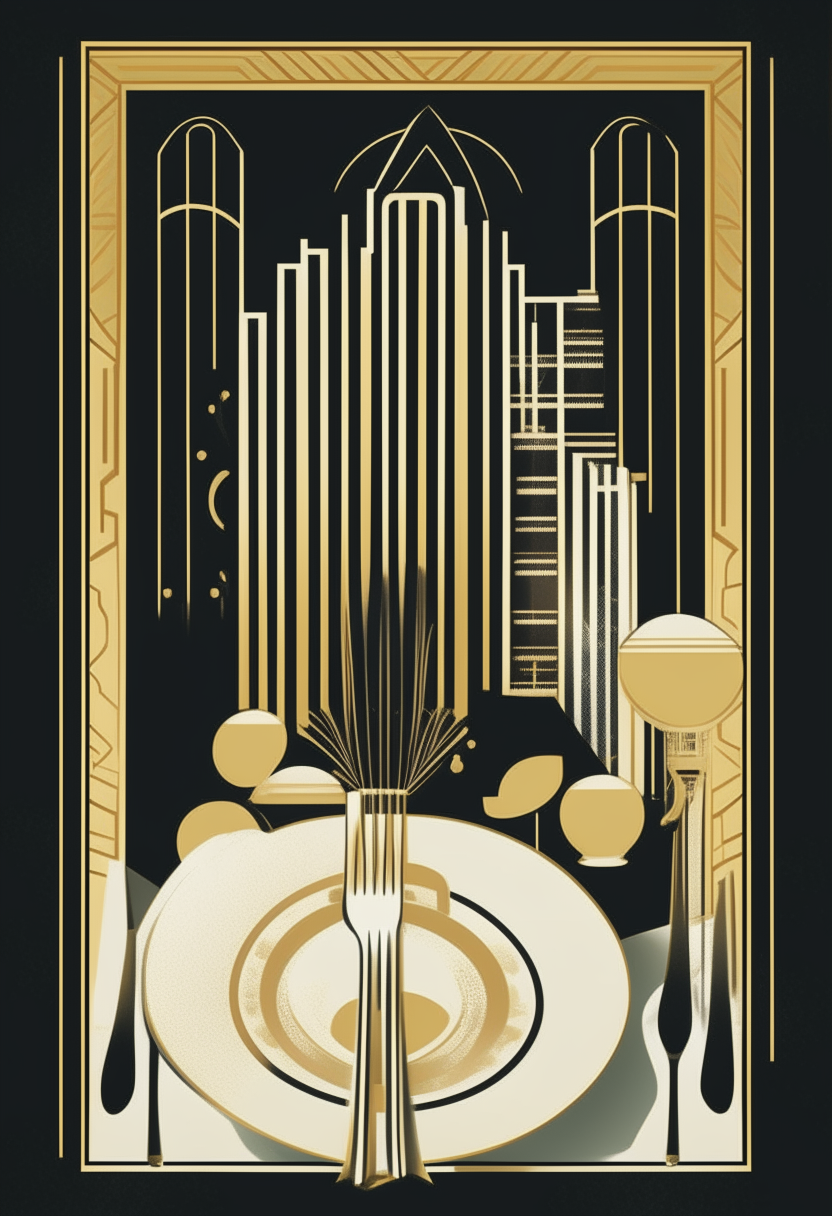 An art deco style vintage cookbook cover with geometric shapes, silverware, plates, napkins, tables, Gotham city skyline background illustration, black and gold color scheme, titled 20th Century Recipes in an art deco font, in a 11 x 8.5 inch vertical layout