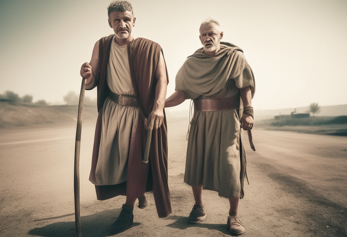 Ancient roman man holding a sword on the neck of an old roman senator bent on a dusty road 