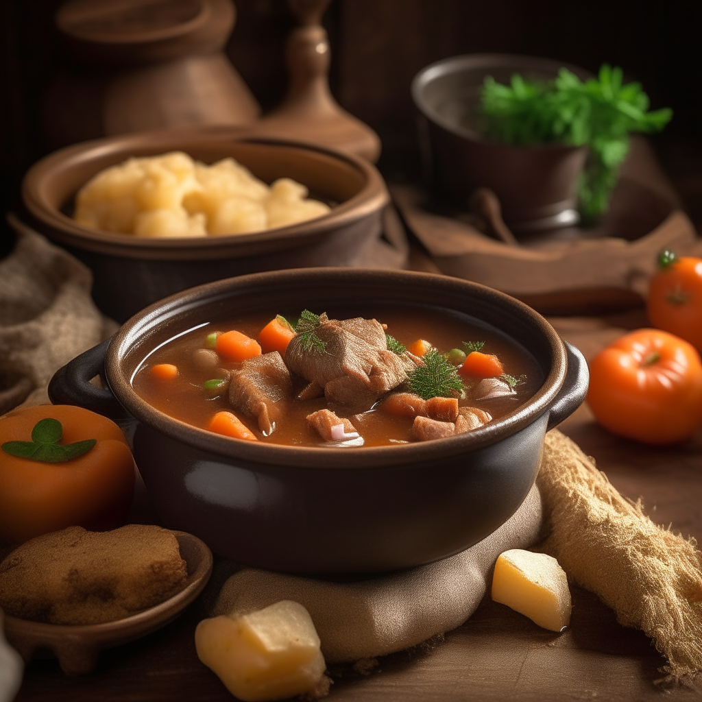 A steaming bowl of Depression-Era Delight Beef Stew sits on a rustic wooden table, surrounded by ingredients like potatoes, carrots, onions, and garlic. The rich broth glistens in the soft, warm light, inviting you to savor the hearty flavors of this comforting dish that harkens back to a time of resilience and resourcefulness.