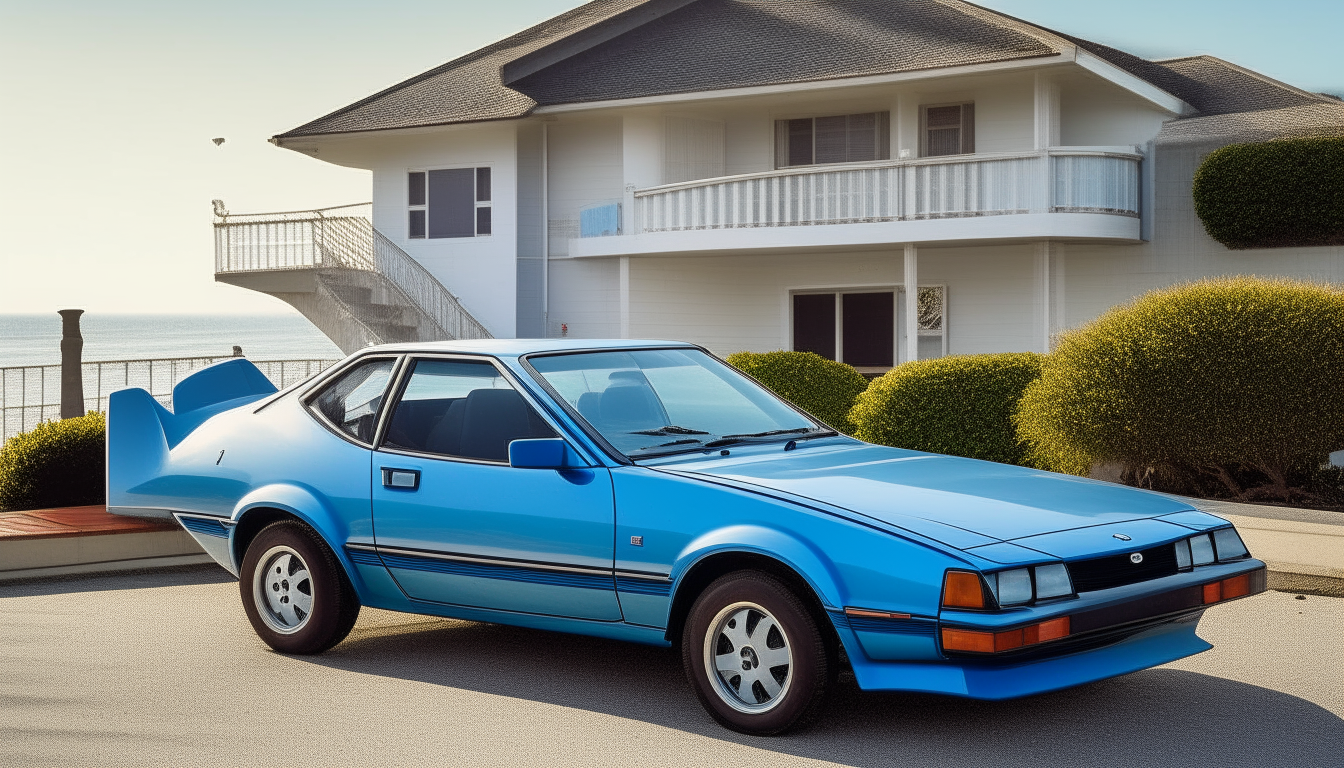 a blue 1980s Toyota Celica GT parked outside a beach house