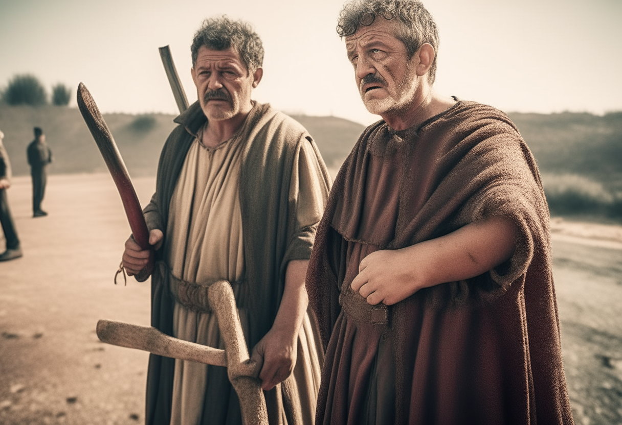 Ancient roman man keeps a sword on the neck of an old roman senator bent on a dusty road 