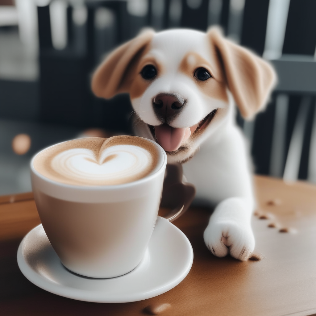 a happy puppy drinking a latte with heart-shaped foam art in a cup on a table