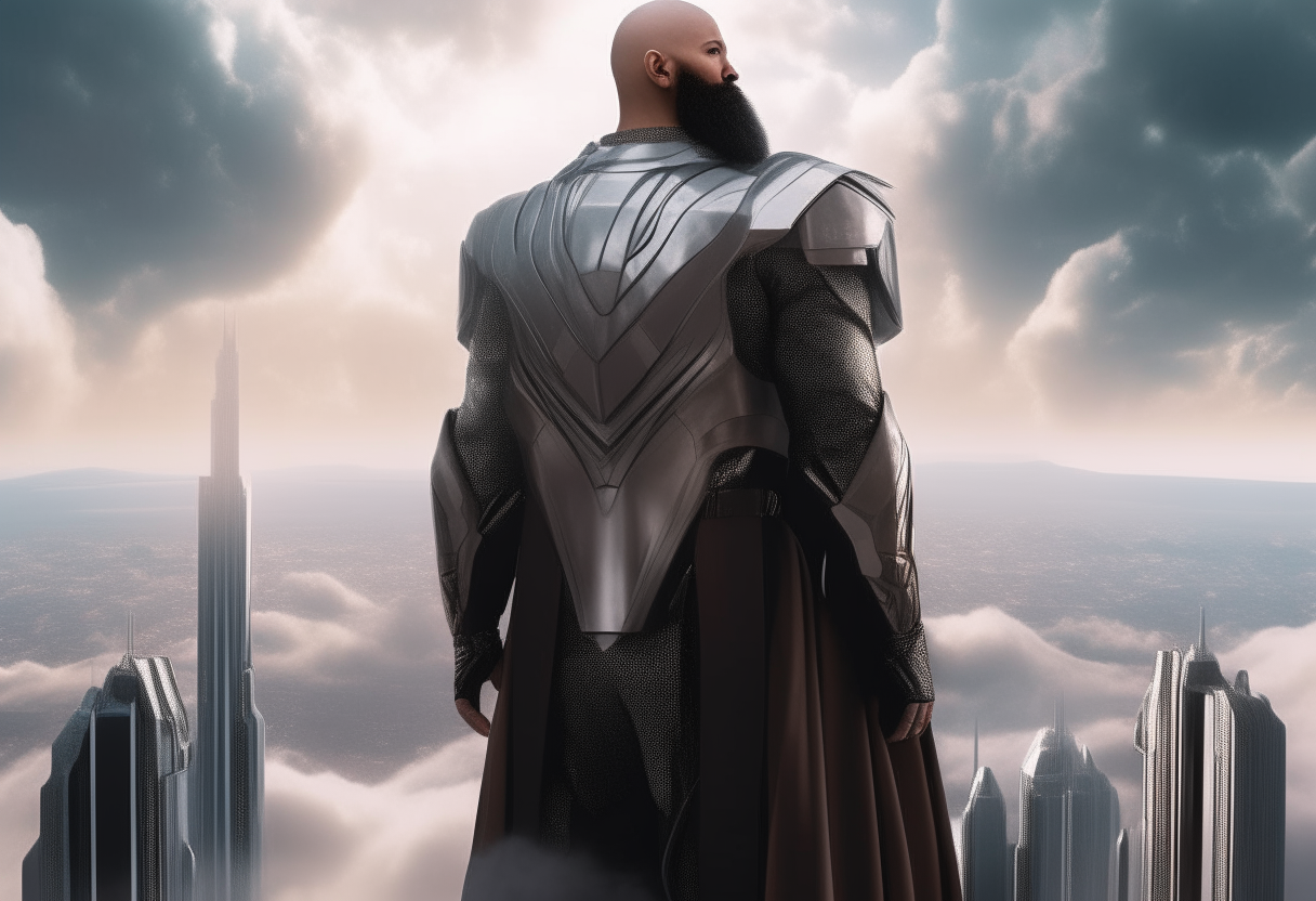 a bald man with a long black beard, wearing futuristic metallic armor and cape, standing proudly with hands on hips against a backdrop of a vast gleaming high-tech city among the clouds