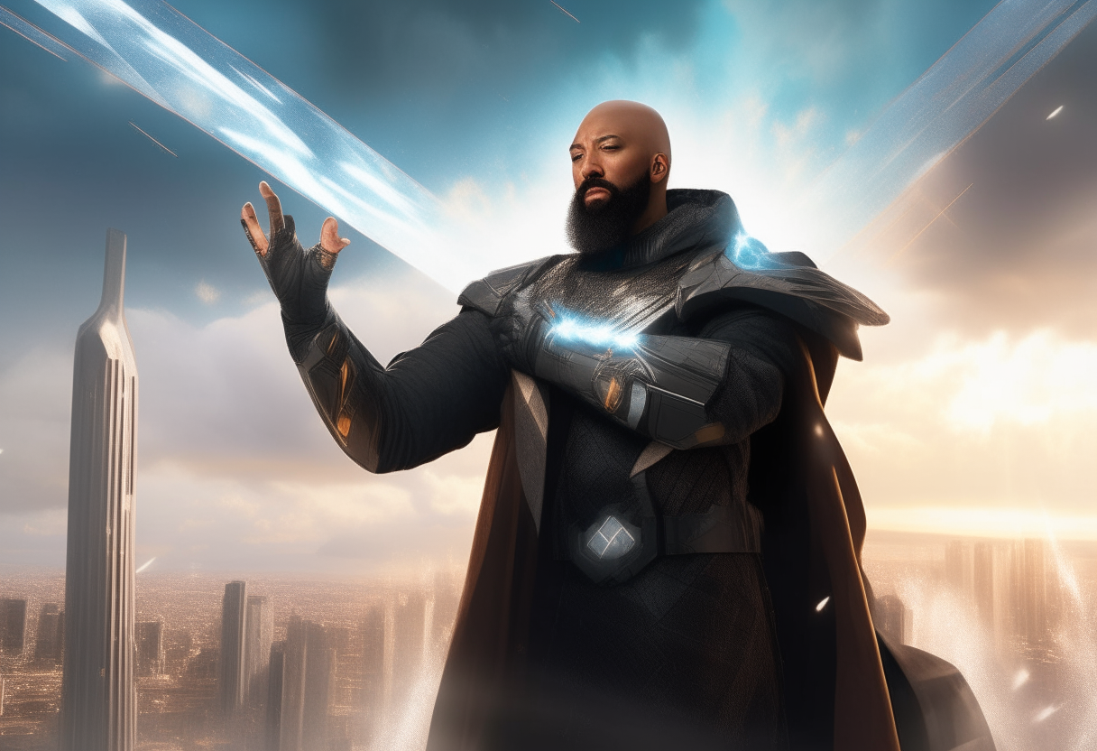 a bald man with a long black beard wearing futuristic metallic armor and cape, standing with outstretched hands unleashing a blast of cosmic energy above a vast gleaming high-tech city among the clouds