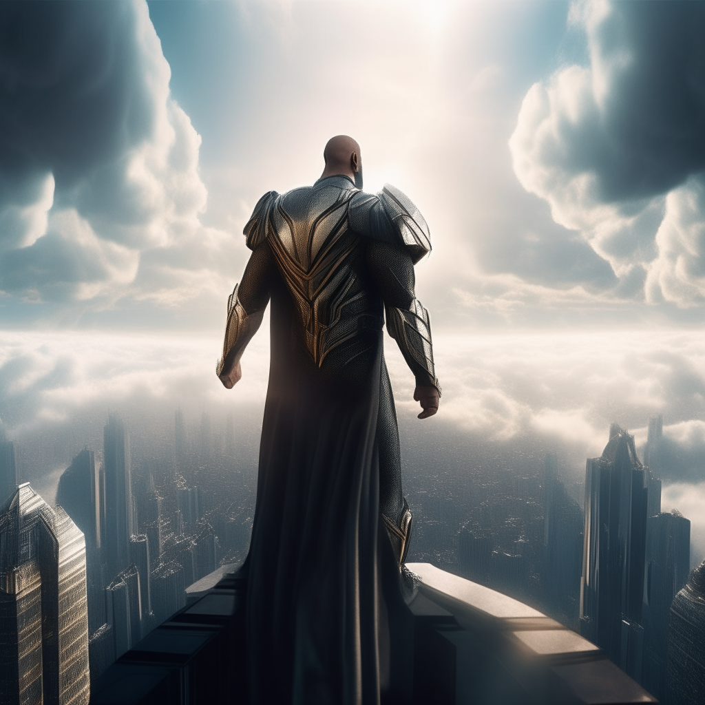 looking up at a bald man with a long black beard wearing futuristic metallic armor and cape, he stands atop a skyscraper with outstretched hands gazing over a vast gleaming high-tech city among the clouds