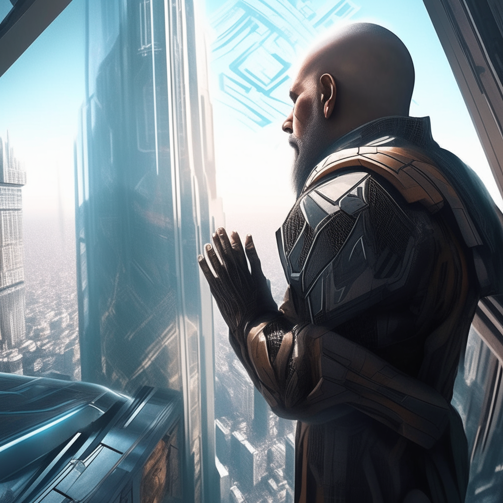 a god's-eye view - looking out from the eyes of the bald bearded figure in futuristic armor, his hands resting on the edge of a towering building as he gazes across the gleaming high-tech city from another dimension