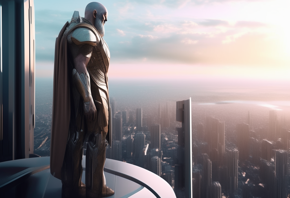 a long shot of the bald bearded god in futuristic armor standing atop a skyscraper, gazing out over the vast gleaming high-tech city that stretches to the horizon