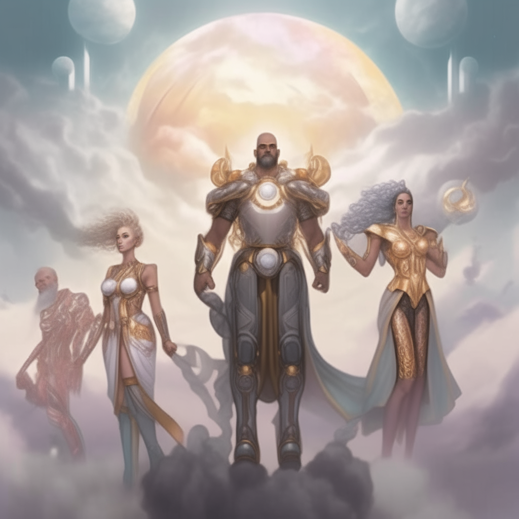 a bald bearded god in futuristic armor floating above billowing clouds, with four beautiful young goddesses in similar attire beside him against a backdrop of misty fog