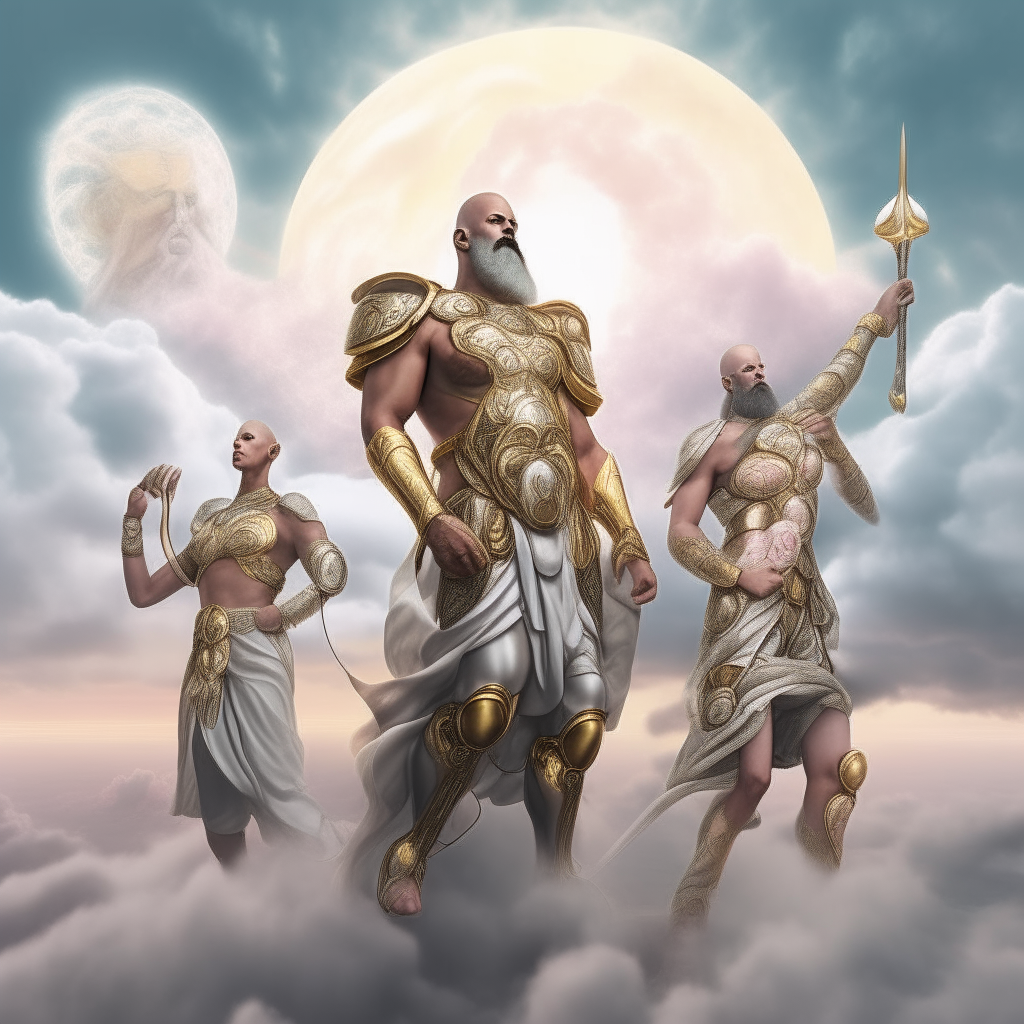 A bald bearded god in futuristic armor floats above billowing clouds in a contemplative pose, with four beautiful young goddesses around him in different active poses against a backdrop of misty sky