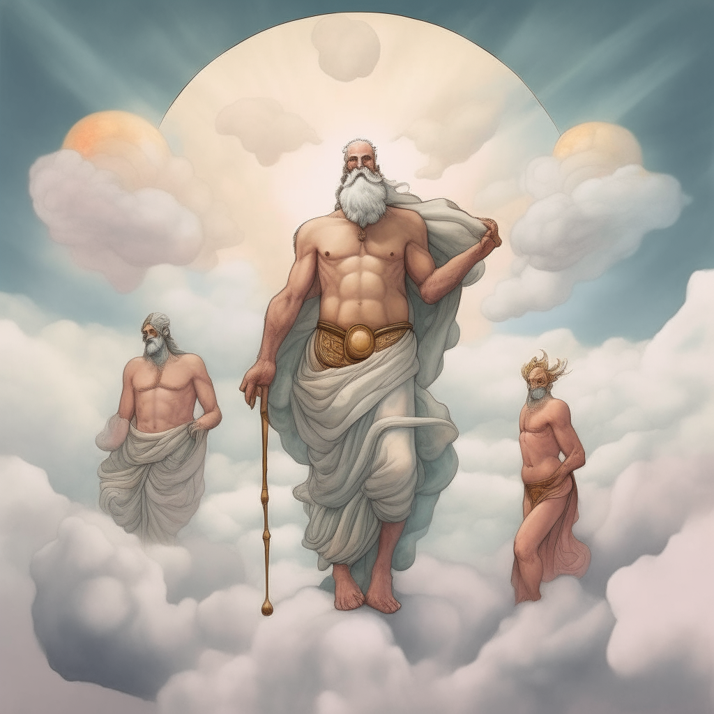 A bald bearded god floats contemplatively above clouds, as four goddesses pose dynamically around him in a misty sky