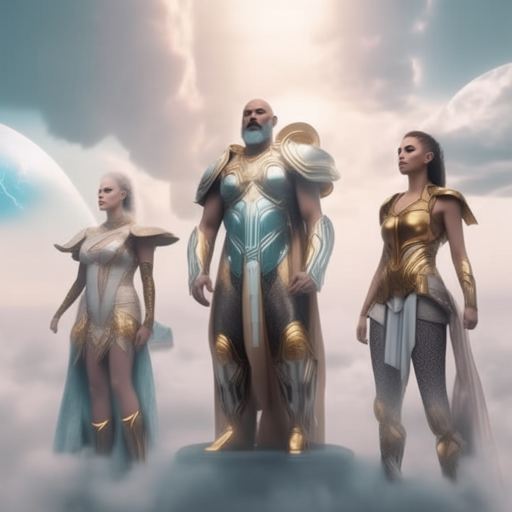 A bald bearded god floats contemplatively above clouds in futuristic armor, surrounded by four beautiful young goddesses of the sky in diverse dynamic poses against a backdrop of mist